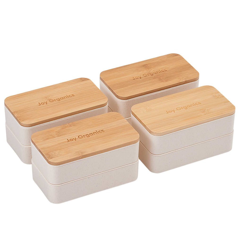 Two Tier Bamboo Fiber Bento Box with Utensil Storage Laser Engraving - Beige - Right Angle