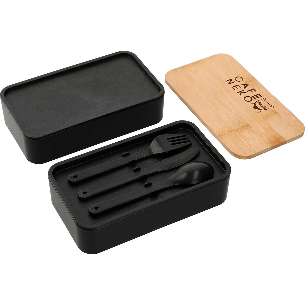 Two Tier Bamboo Fiber Bento Box with Utensil Storage Laser Engraving - Black - Front