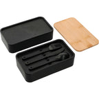 Two Tier Bamboo Fiber Bento Box with Utensil Storage Laser Engraving - Black - Photo 2