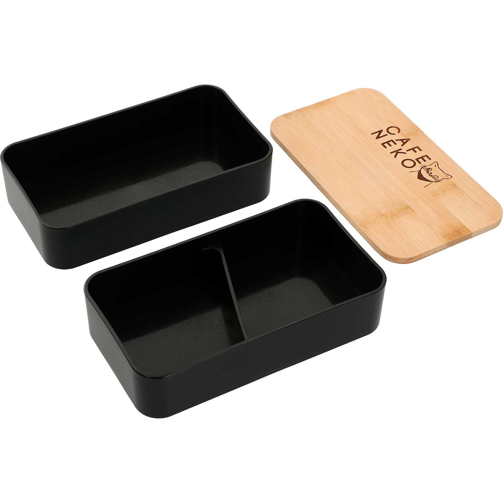 Two Tier Bamboo Fiber Bento Box with Utensil Storage Laser Engraving - Black - Photo