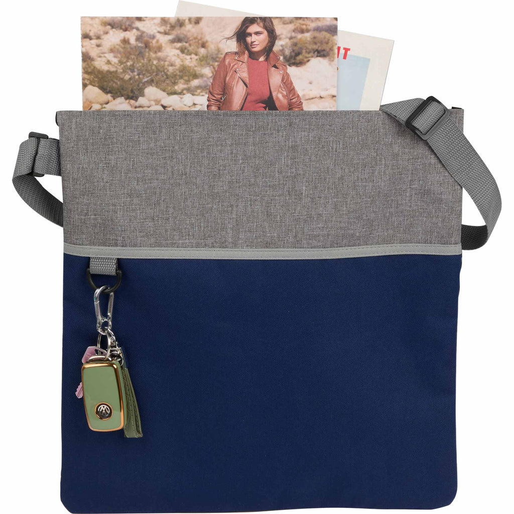 Two-Tone Heather Crossbody Tote in Recycled Polyester Embroidery - Navy/Gray - Propped 2