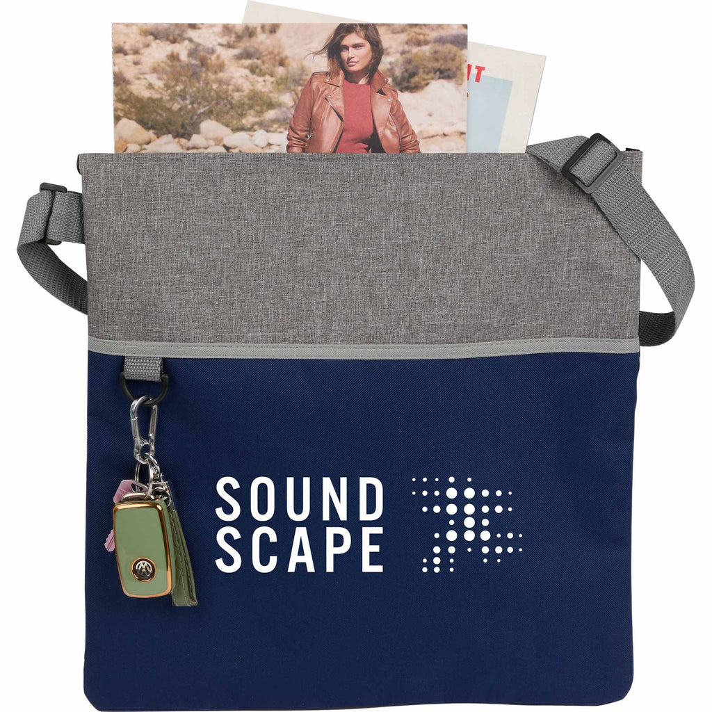 Two-Tone Heather Crossbody Tote in Recycled Polyester Embroidery - Navy/Gray - Propped