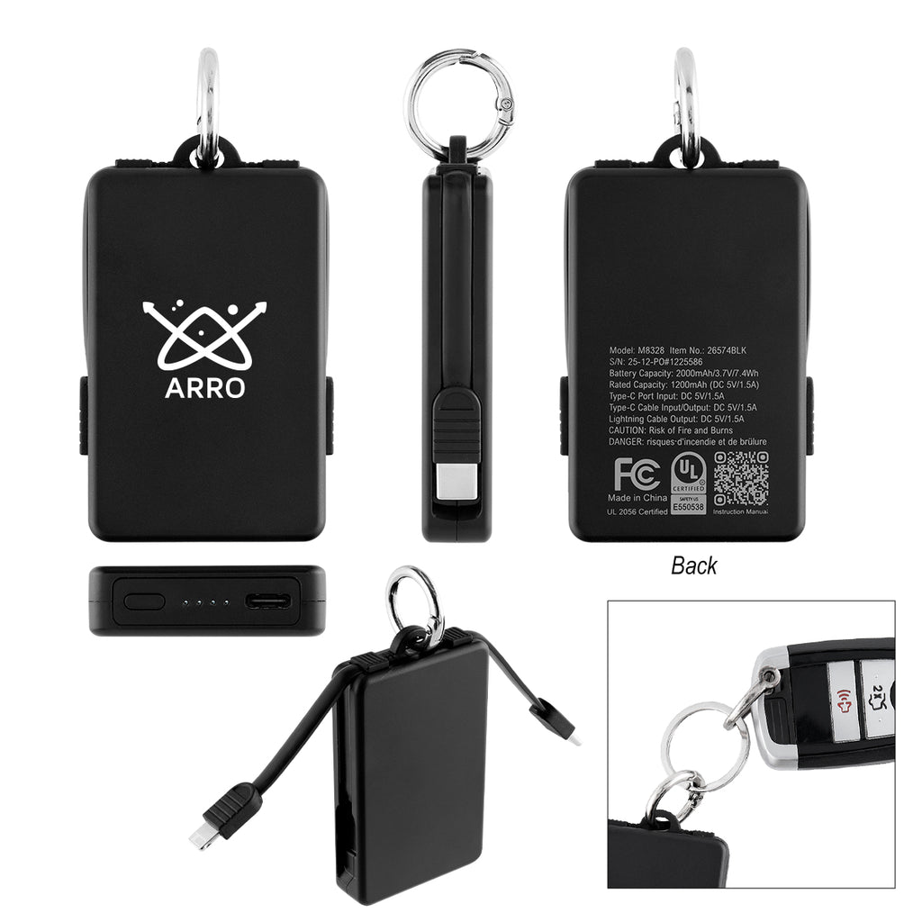 UL Listed Power Bank Key Ring, 2,000 mAh - Black - Silk Screen