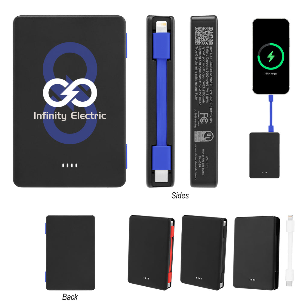 UL Listed Power Bank with One Cable, 5,000 mAh - Black with Black