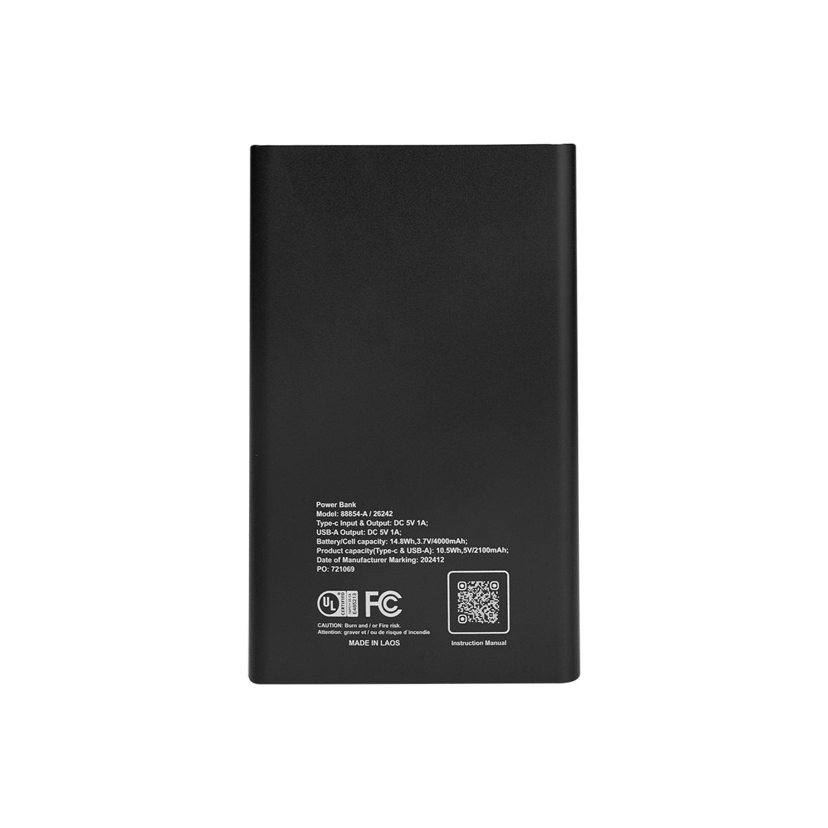 UL Listed Slim Power Bank - Black - Back