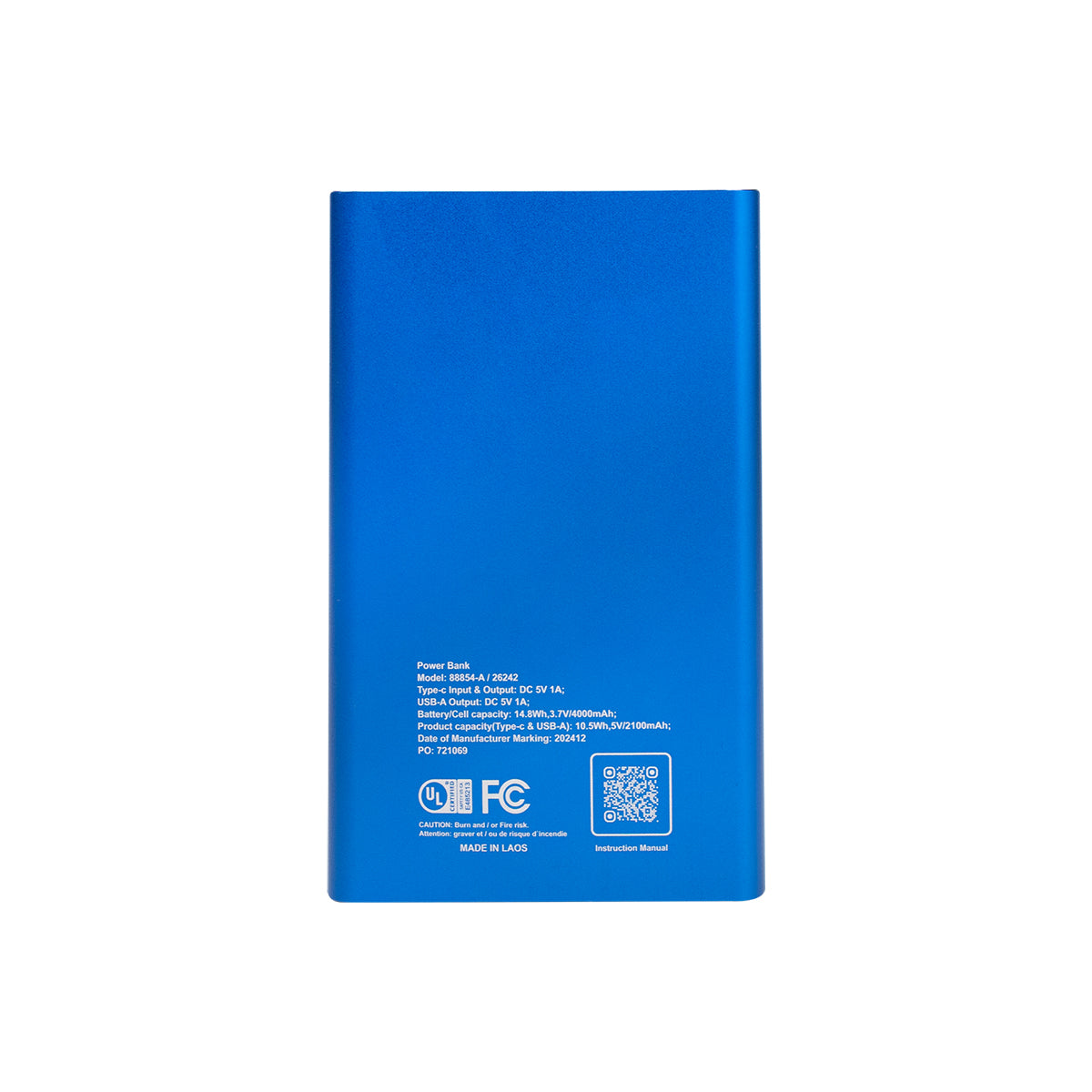 UL Listed Slim Power Bank - Blue - Back