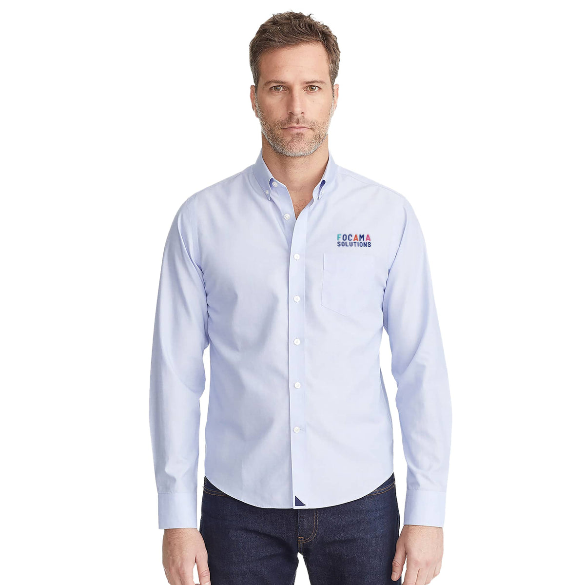 UNTUCKit Hillside Select Wrinkle Free Shirt in Blue for Men Embroidery - UNTUCKit Blue - On Model Front