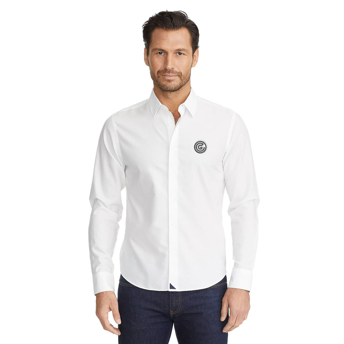UNTUCKit Las Cases Slim Fit Wrinkle Free Shirt for Men Embroidery - White - On Model Front
