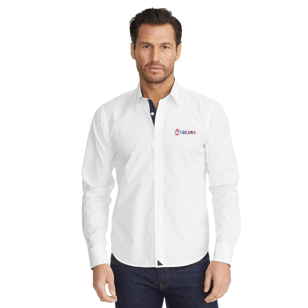 UNTUCKit Las Cases Special Shirt with Contrast Cuffs for Men Embroidery - White - On Model Front