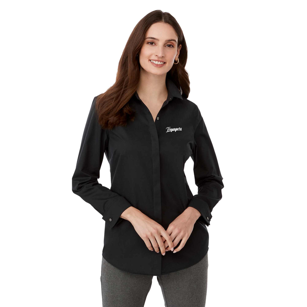 UNTUCKit Tracey Shirt with French Cuffs for Women Embroidery - Black - Front On Model 2
