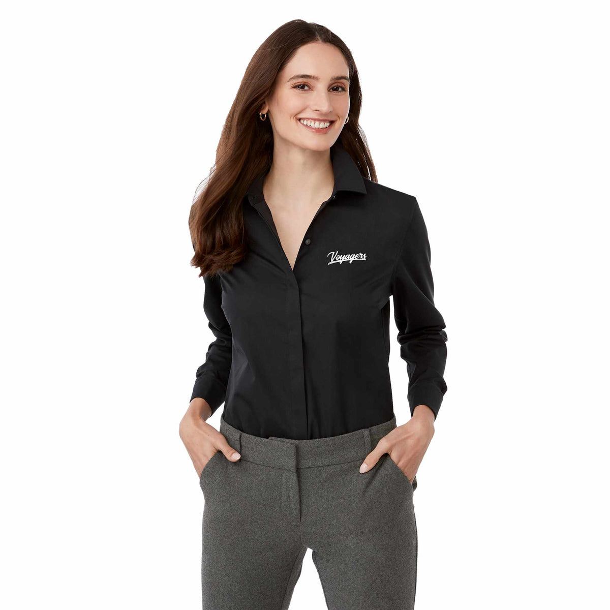 UNTUCKit Tracey Shirt with French Cuffs for Women Embroidery - Black - Front On Model