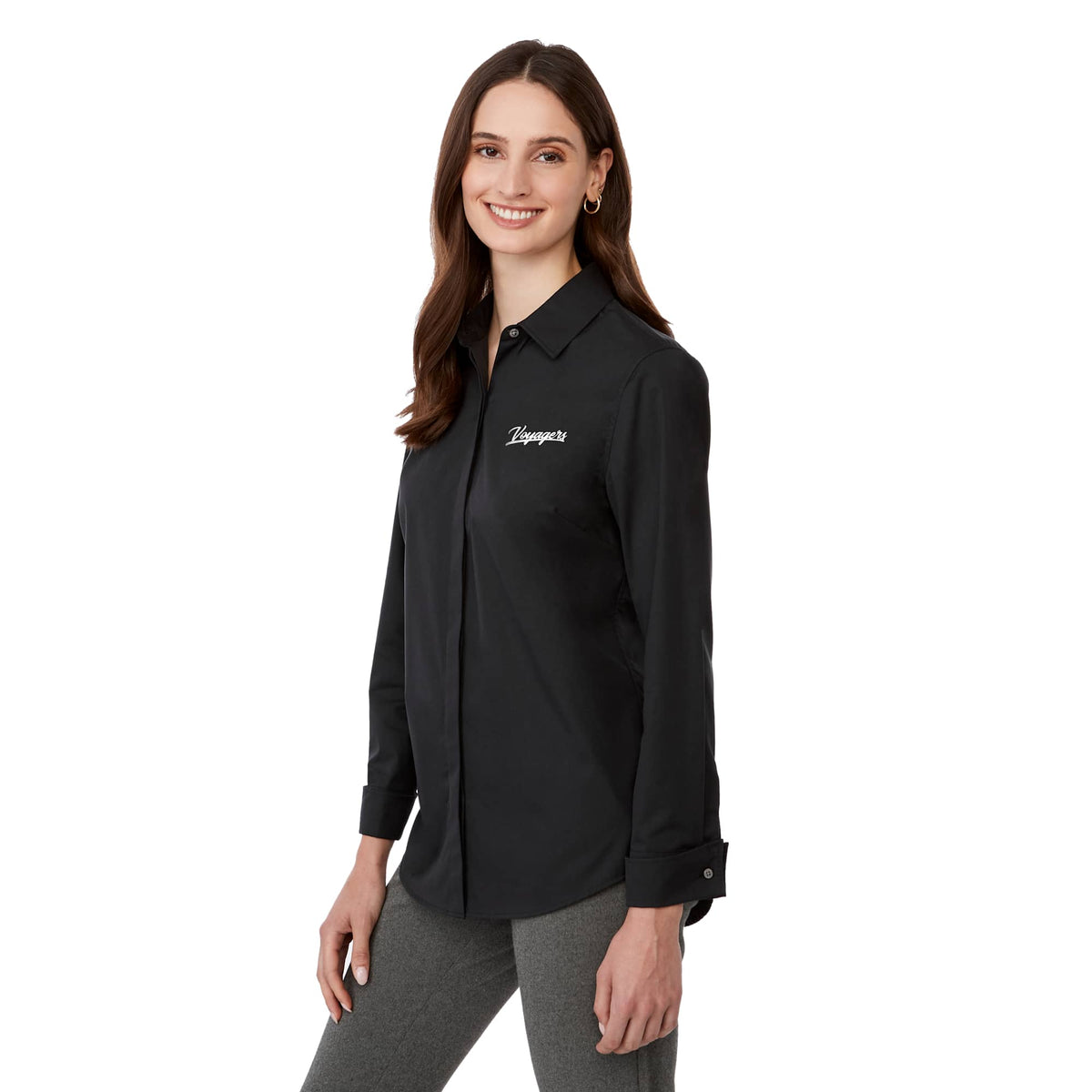 UNTUCKit Tracey Shirt with French Cuffs for Women Embroidery - Black - Left Angle On Model 2