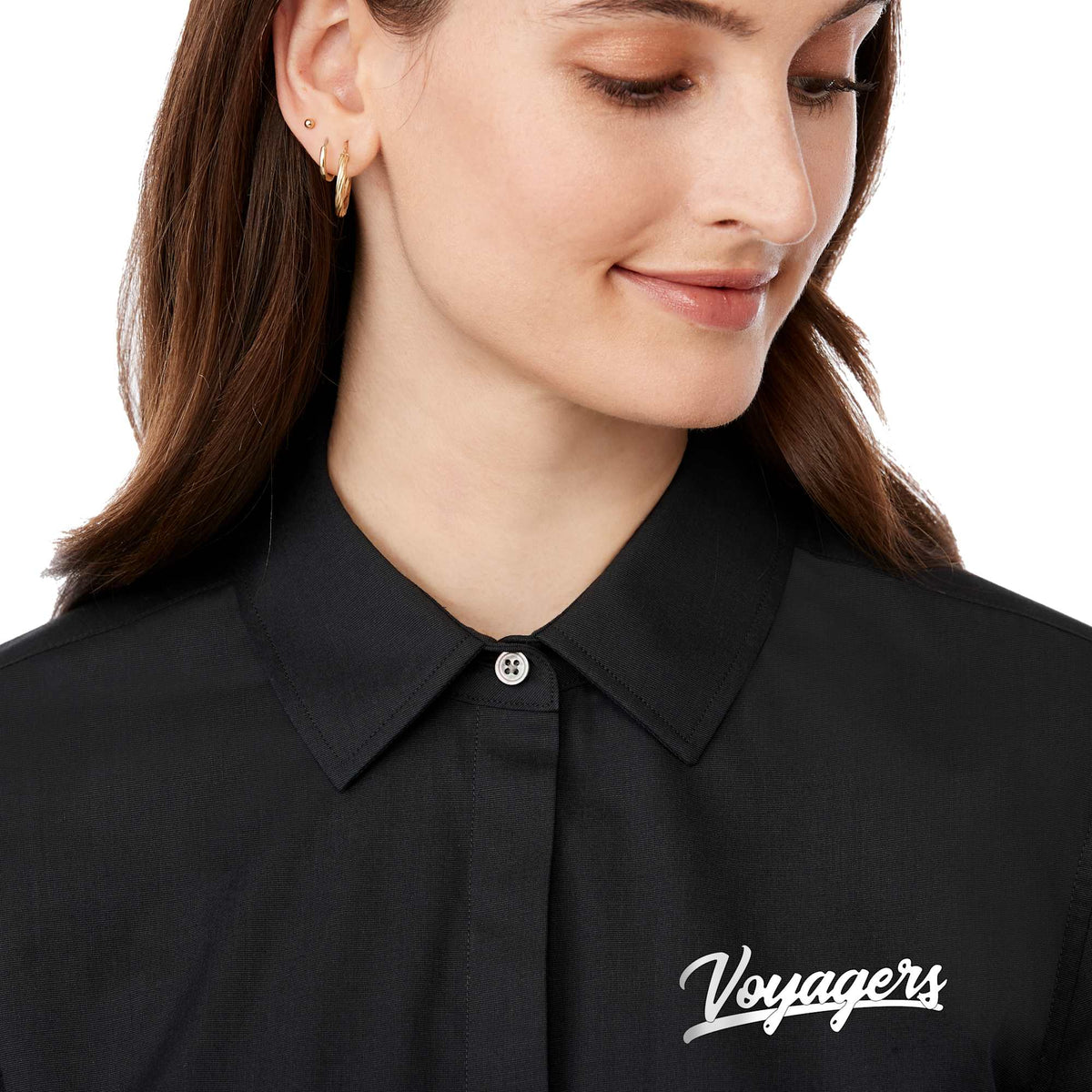 UNTUCKit Tracey Shirt with French Cuffs for Women Embroidery - Black - On Model Placket