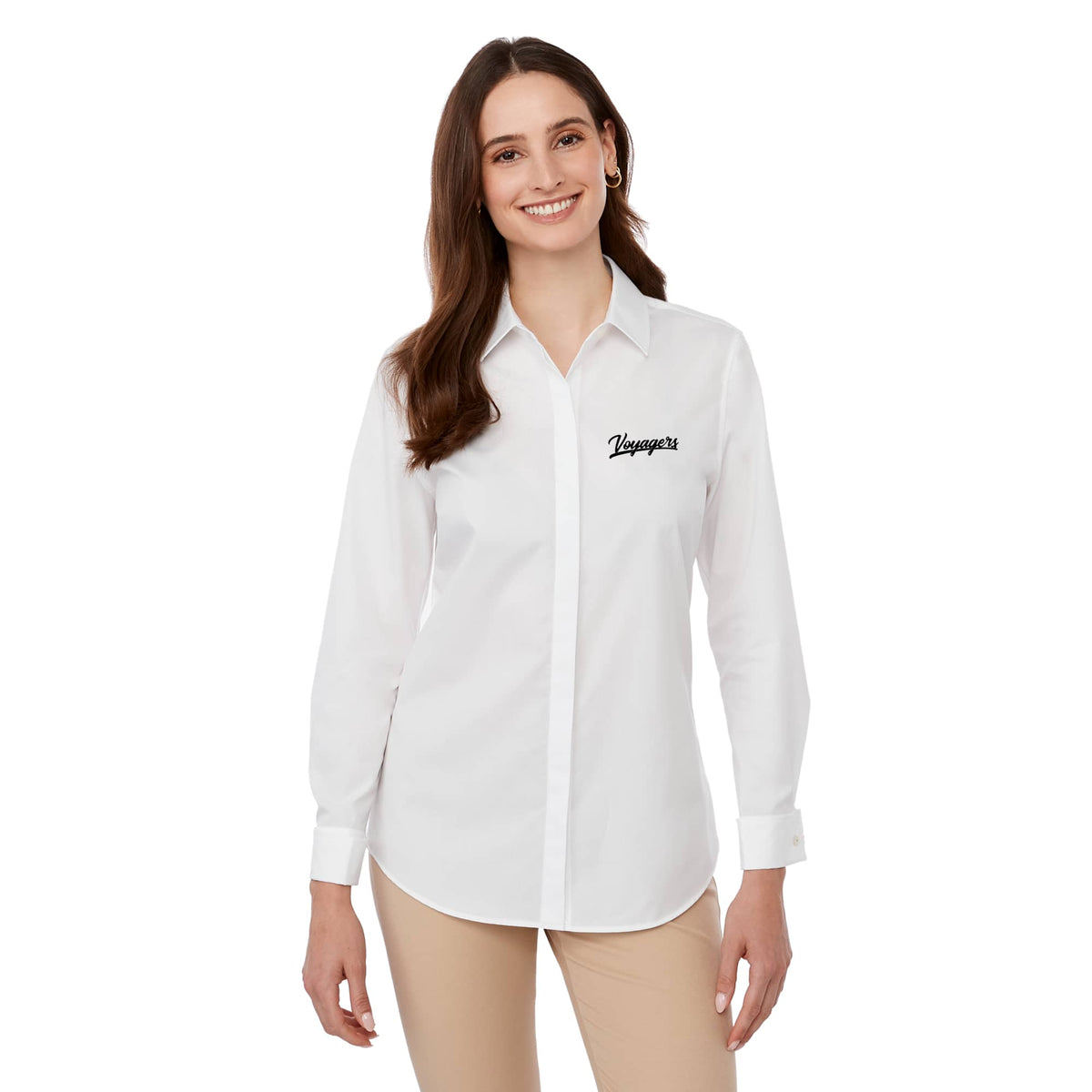 UNTUCKit Tracey Shirt with French Cuffs for Women Embroidery - White - Front On Model