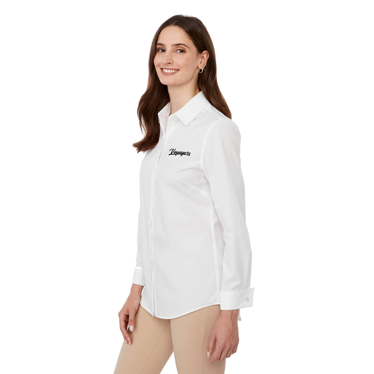 UNTUCKit Tracey Shirt with French Cuffs for Women Embroidery - White - Left Angle On Model