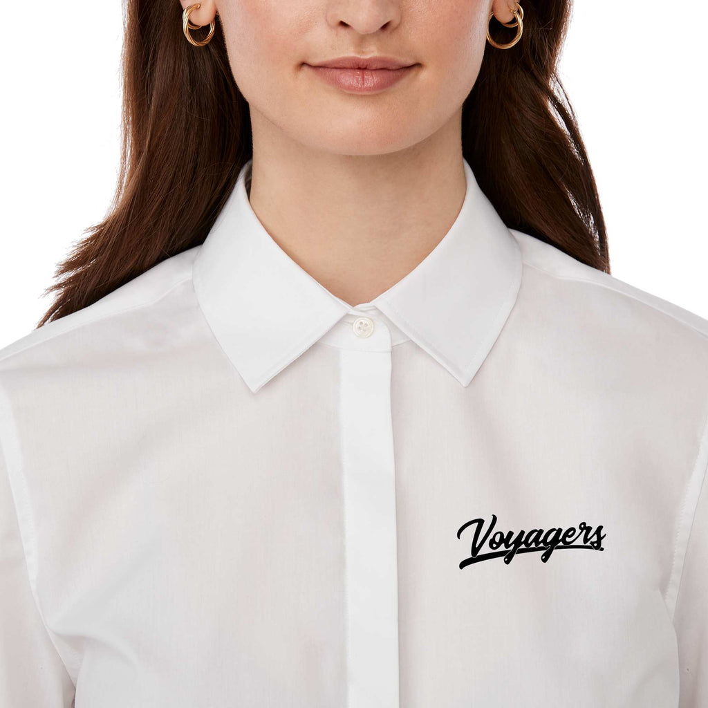 UNTUCKit Tracey Shirt with French Cuffs for Women Embroidery - White - On Model Placket 2
