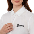 UNTUCKit Tracey Shirt with French Cuffs for Women Embroidery - White - On Model Placket