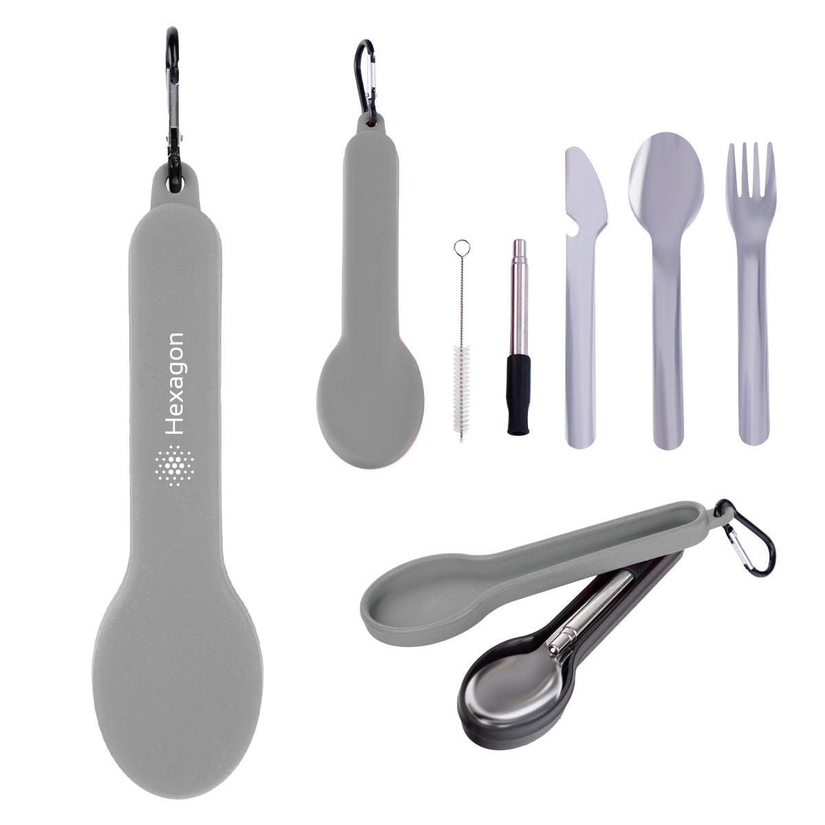 Utensil Set for Travel with a Silicone Holder - Gray - Silk Screen