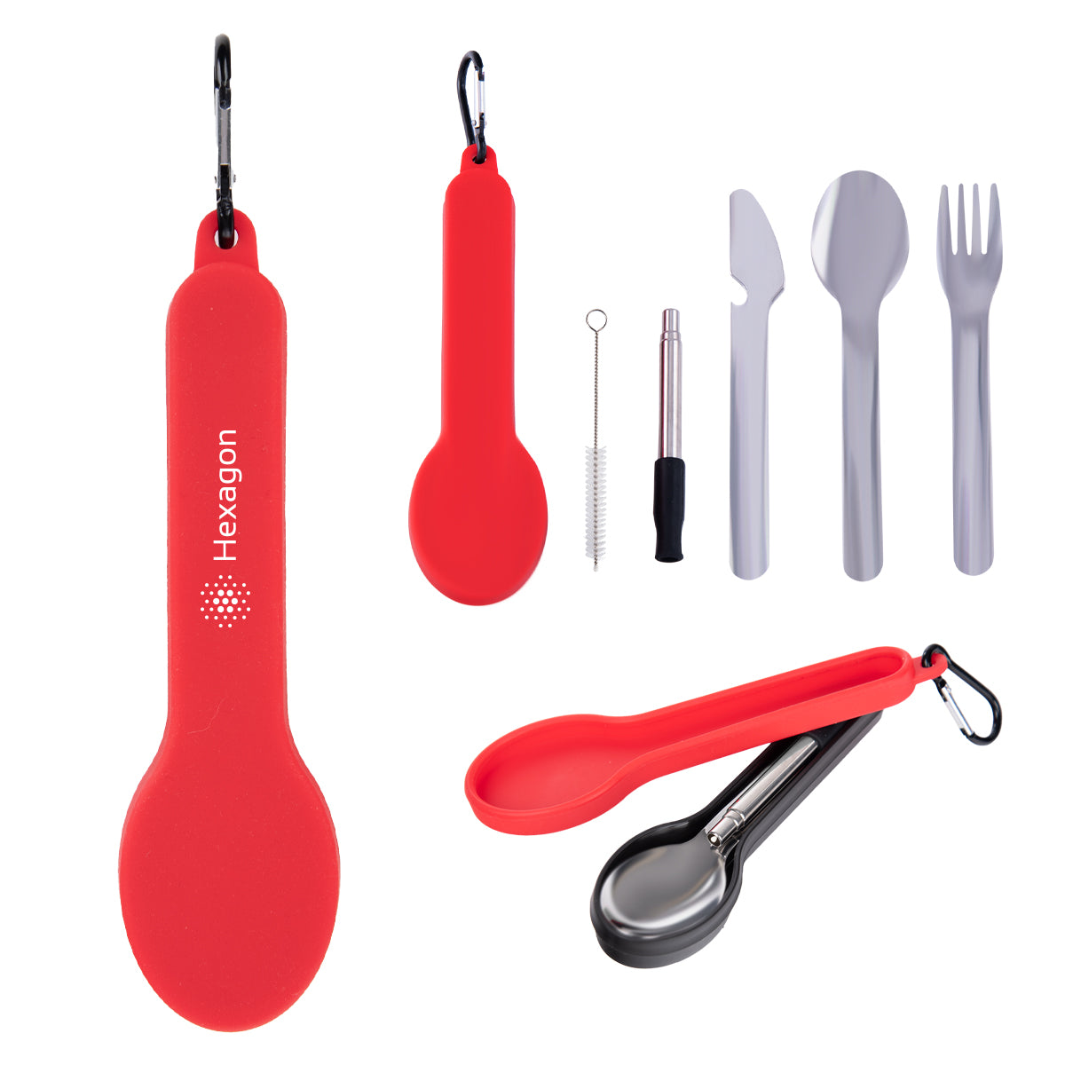 Utensil Set for Travel with a Silicone Holder - Red - Silk Screen