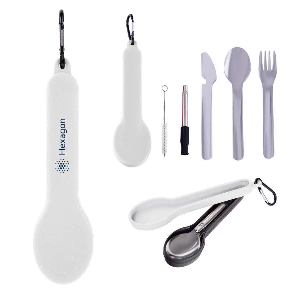 Utensil Set for Travel with a Silicone Holder - White - Silk Screen