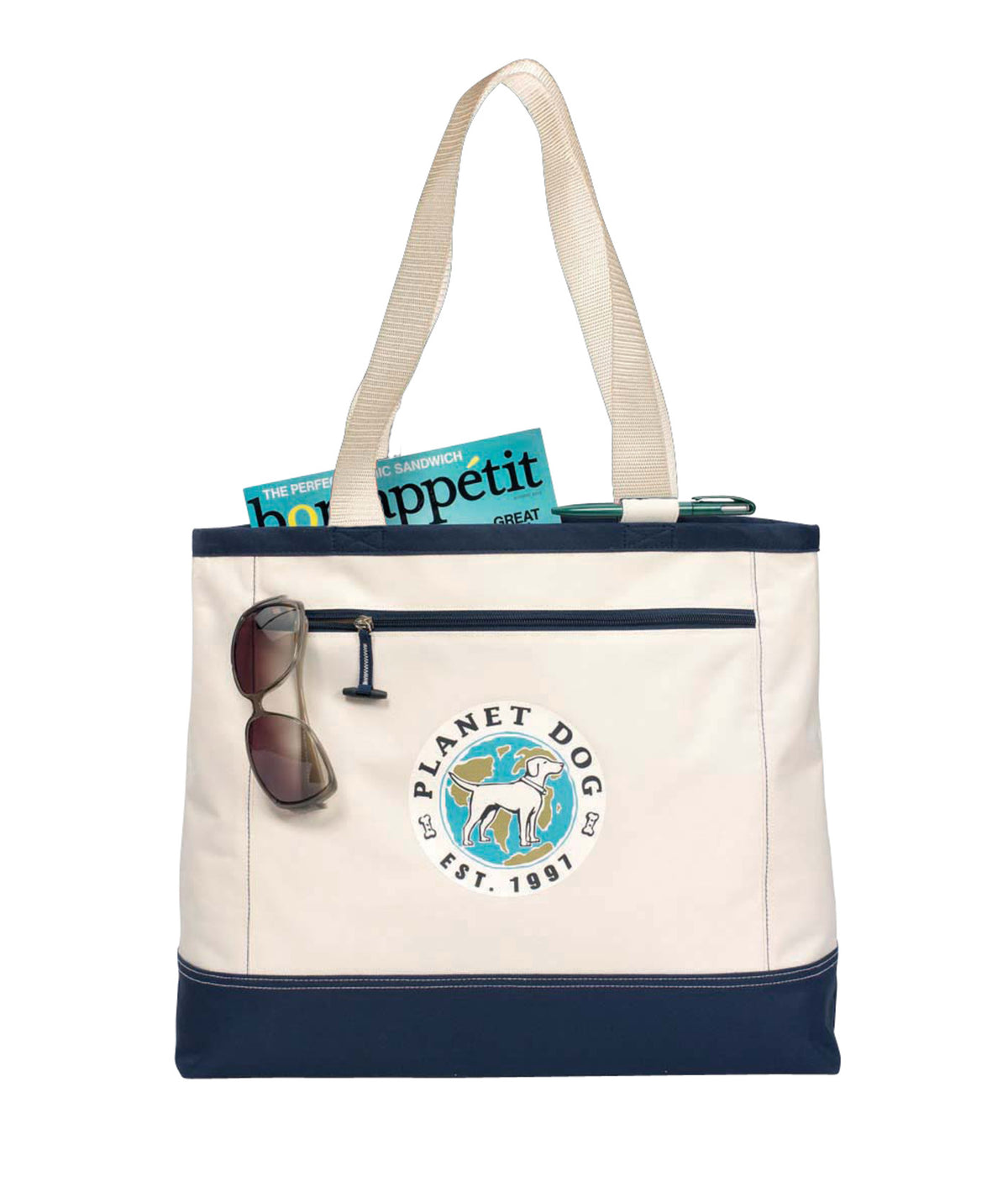 Utility Zip Tote with Removable Pouch Transfer - Natural-Navy - View 1