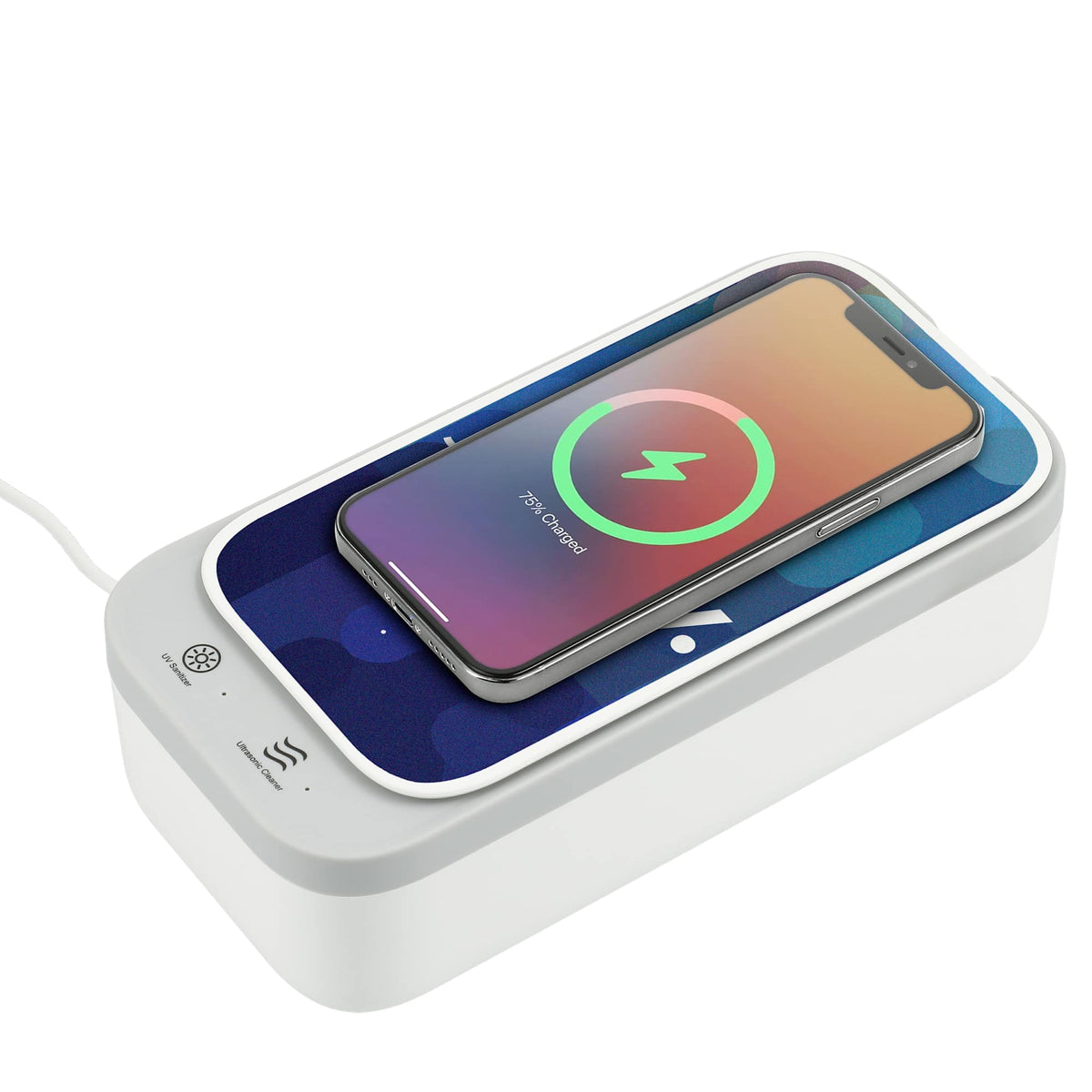 UV Sanitizer and Ultrasonic Cleaner with Wireless Charger Full Color - White - Right Angle 2
