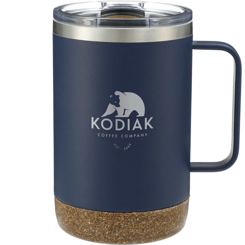 Valhalla Copper Camp Mug with Cork Base, 14 oz Laser Engraving - Navy - Front