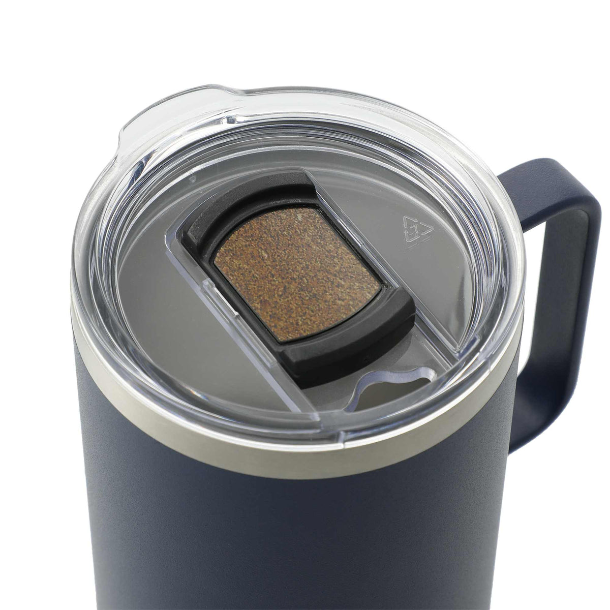 Valhalla Copper Camp Mug with Cork Base, 14 oz Laser Engraving - Navy - Right Angle