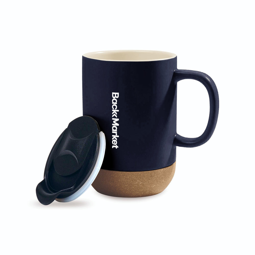 Valo Ceramic and Cork Mug with Lid, 14 oz - Matte Navy - View 2
