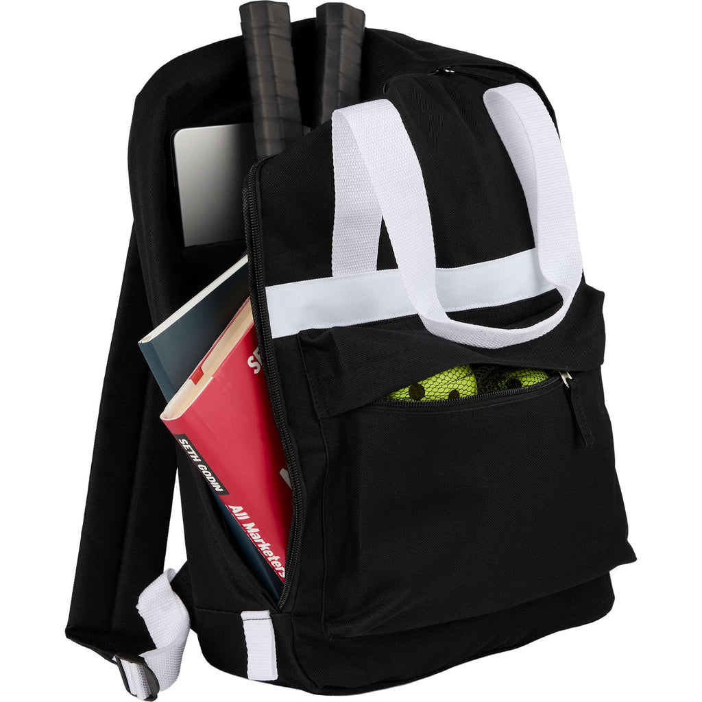 Varsity Backpack with White Webbing Straps Embroidery - Black - Propped