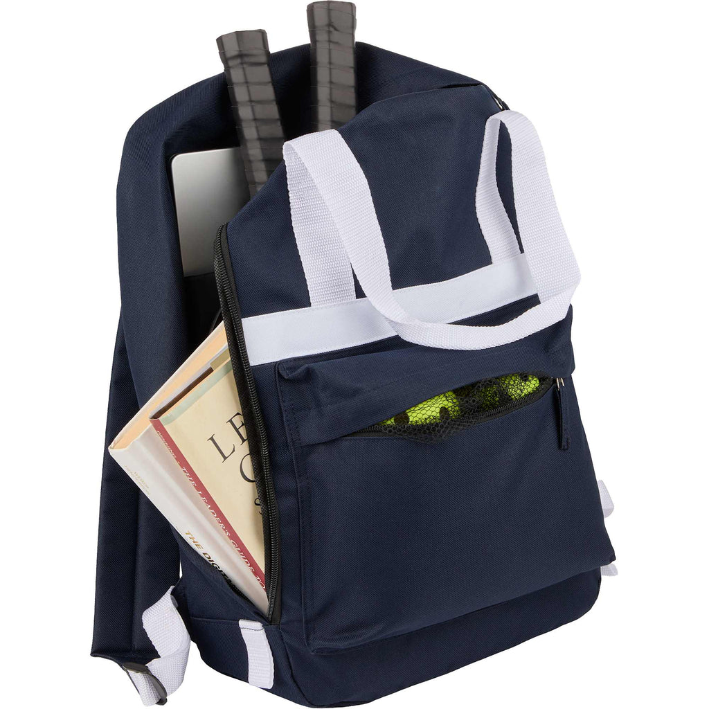Varsity Backpack with White Webbing Straps - Navy - Propped