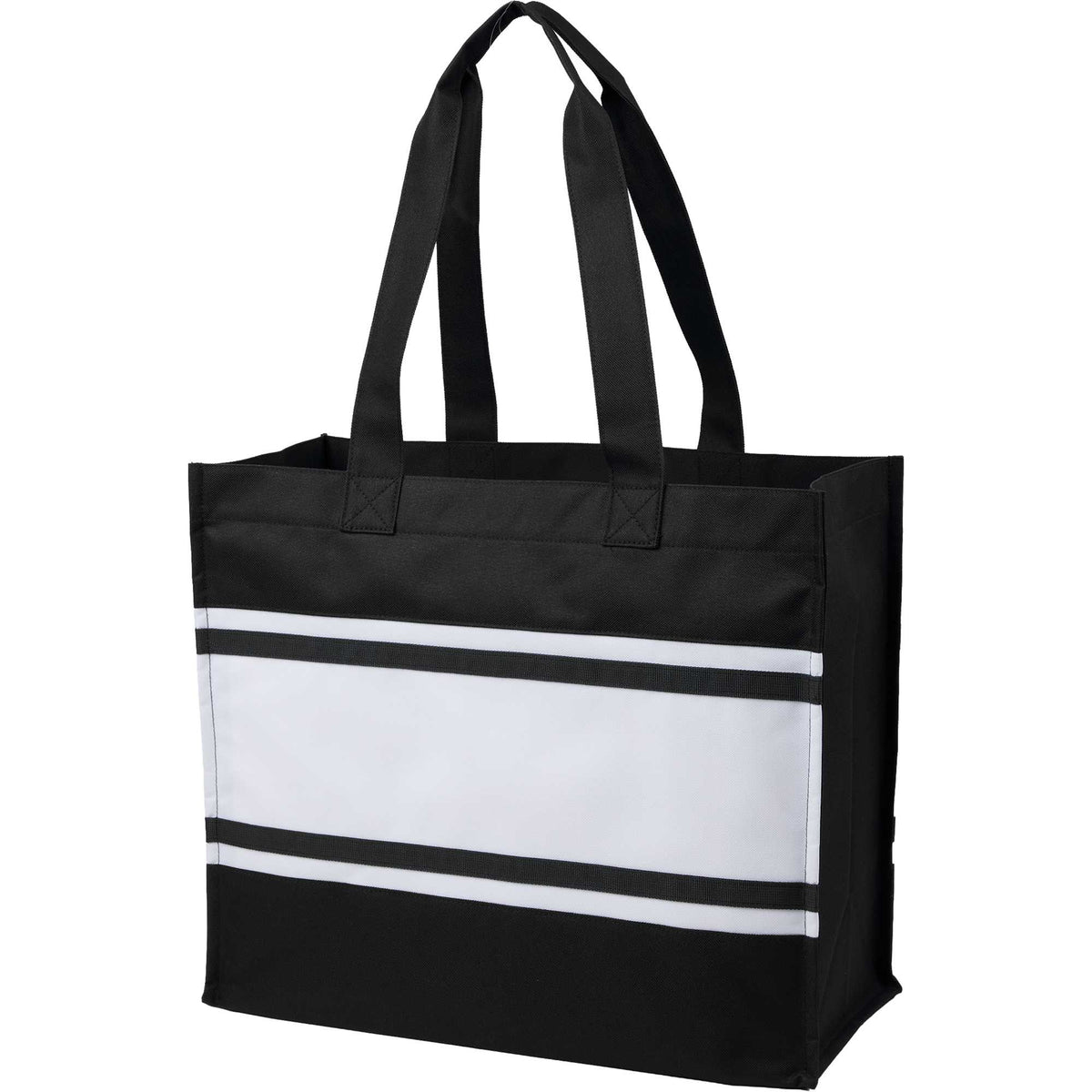 Varsity Box Tote with White Stripes - Black - Left Angle