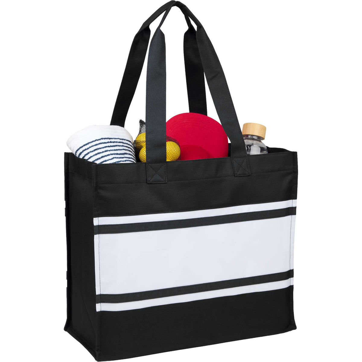 Varsity Box Tote with White Stripes - Black - Propped