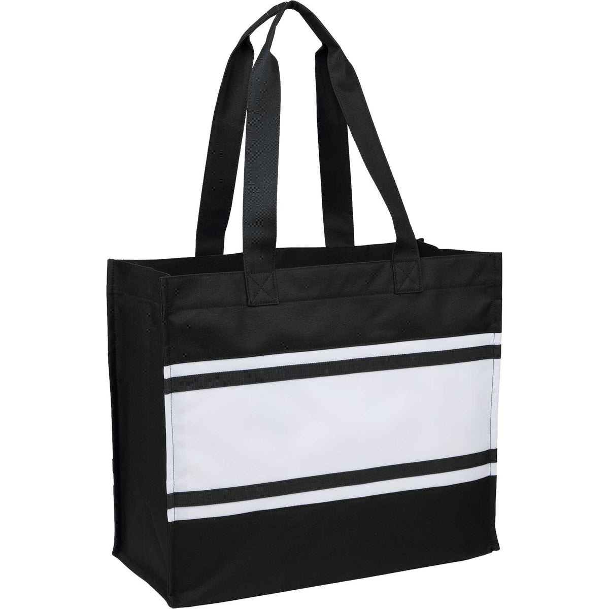 Varsity Box Tote with White Stripes - Black - Right Angle