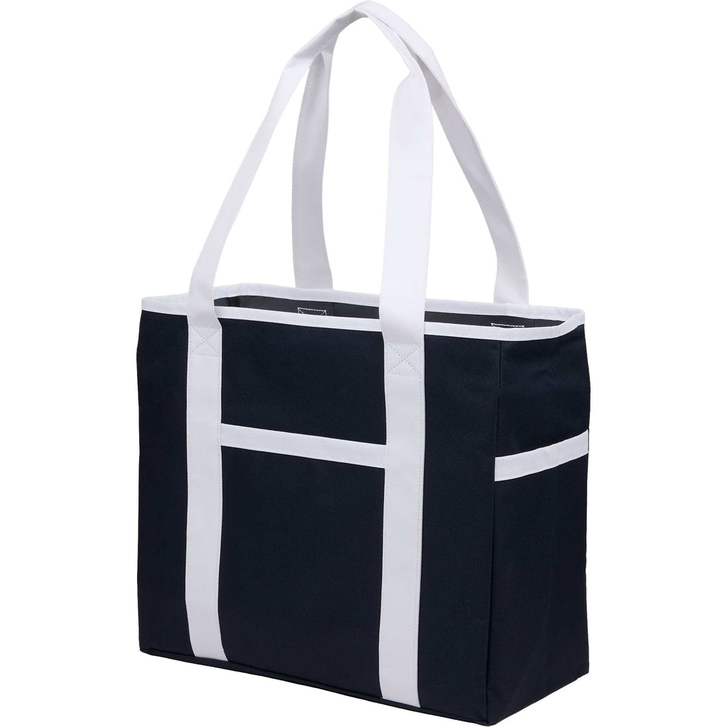 Varsity Club Tote with White Piping Embroidery - Navy - Left Angle