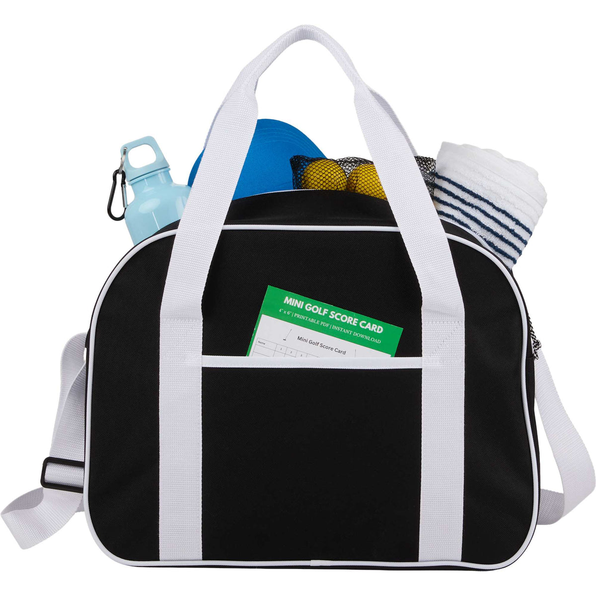 Varsity Sport Duffel Bag with White Webbing Embroidery - Black - Propped