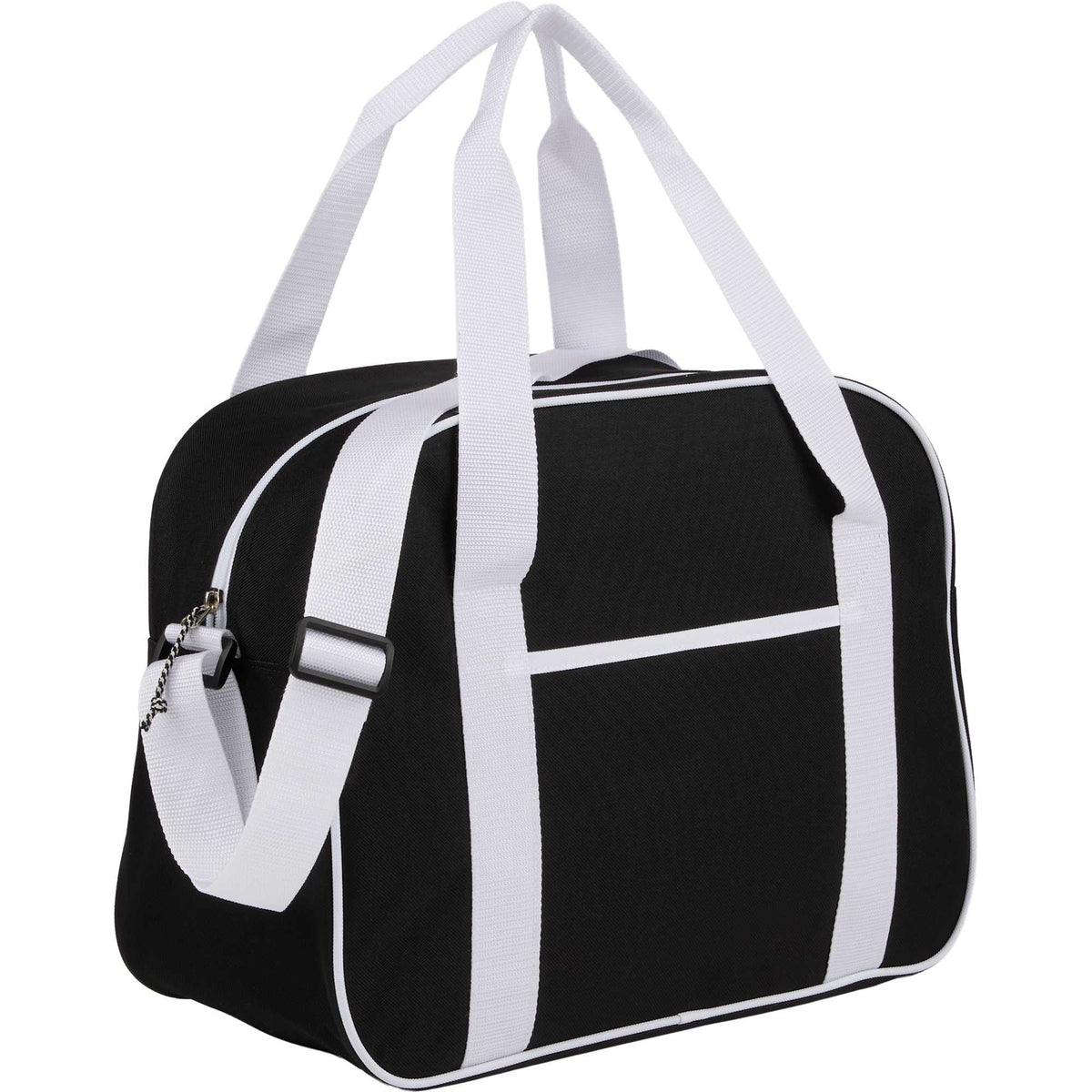 Varsity Sport Duffel Bag with White Webbing Embroidery - Black - Right Angle