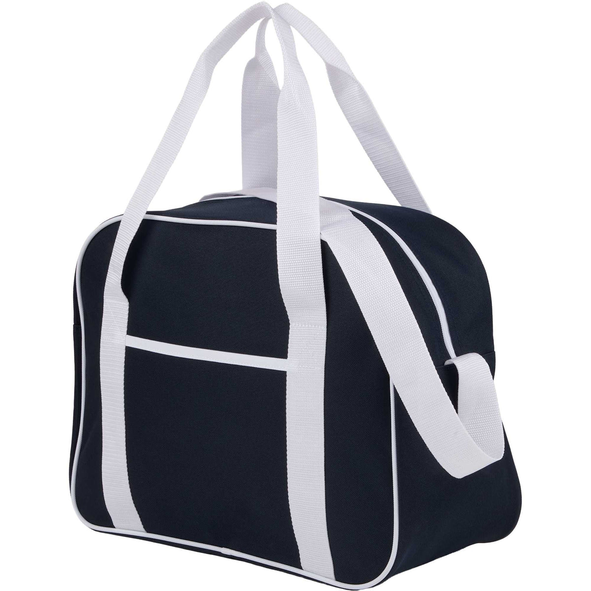 Varsity Sport Duffel Bag with White Webbing Embroidery - Navy - Left Angle