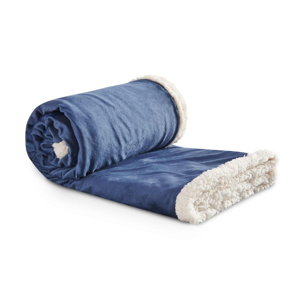 Velour Sherpa Blanket, 50 x 60 Inches Embroidery - Navy - Left Angle