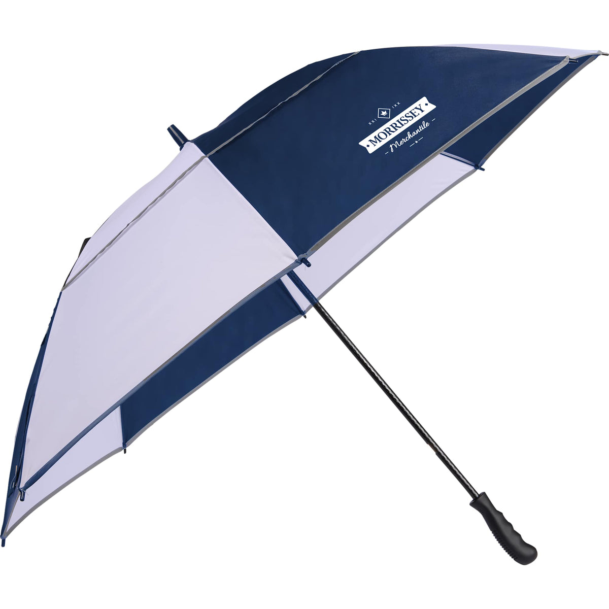 Vented Golf Umbrella with Reflective Trim in Recycled PET, 62 Inches Transfer - Navy/White - Right Angle