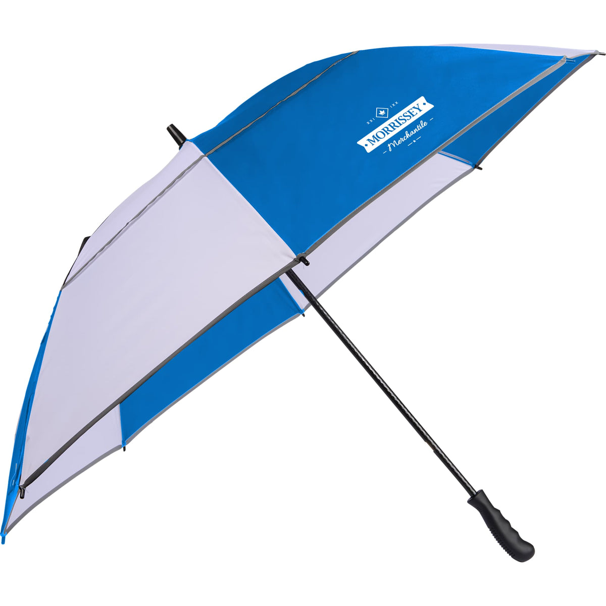 Vented Golf Umbrella with Reflective Trim in Recycled PET, 62 Inches Transfer - Royal/White - Right Angle