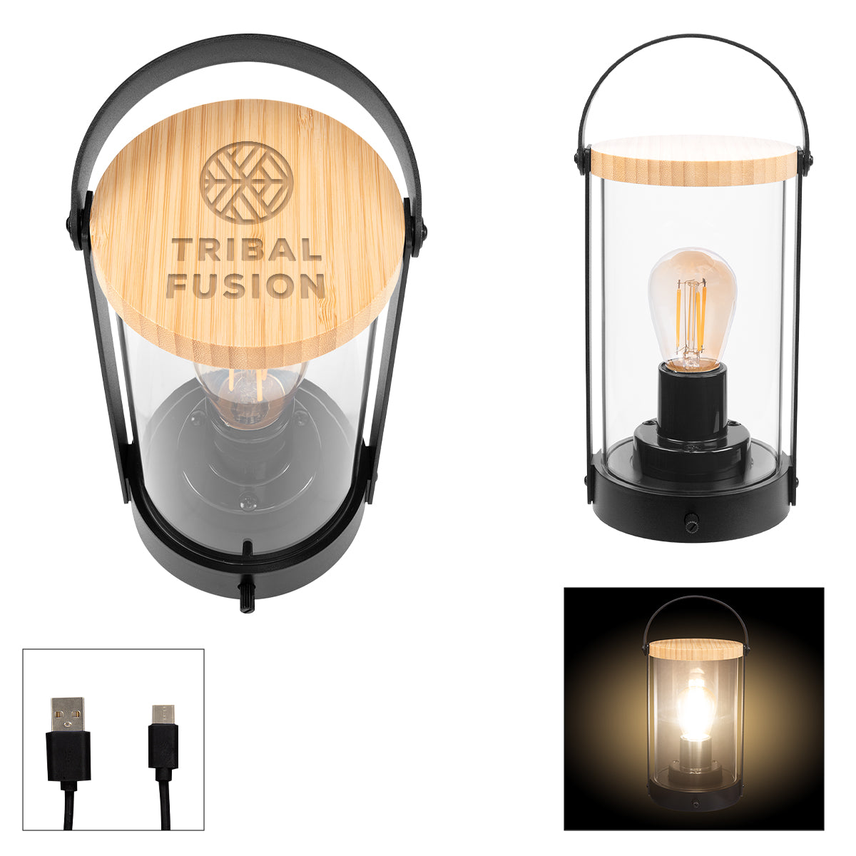 Vintage Bamboo Lantern with Handle, Rechargeable - Black with Bamboo - Laser Engraving