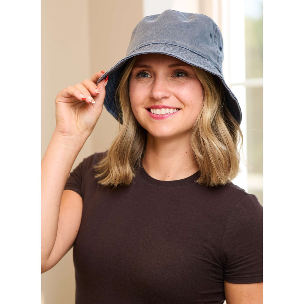 Vintage Washed Bucket Hat in Recycled Cotton Transfer - Vintage Navy - On Model