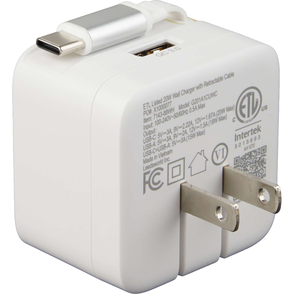 Wall Charger with Retractable USB-C Cable, 20W Full Color - White - Back 2