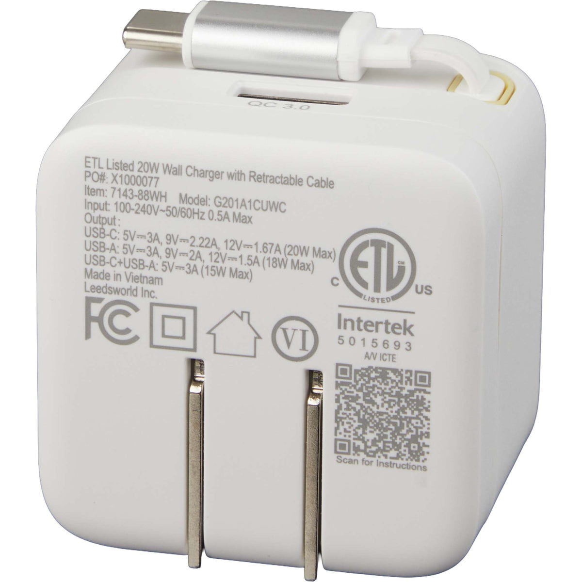 Wall Charger with Retractable USB-C Cable, 20W Full Color - White - Back