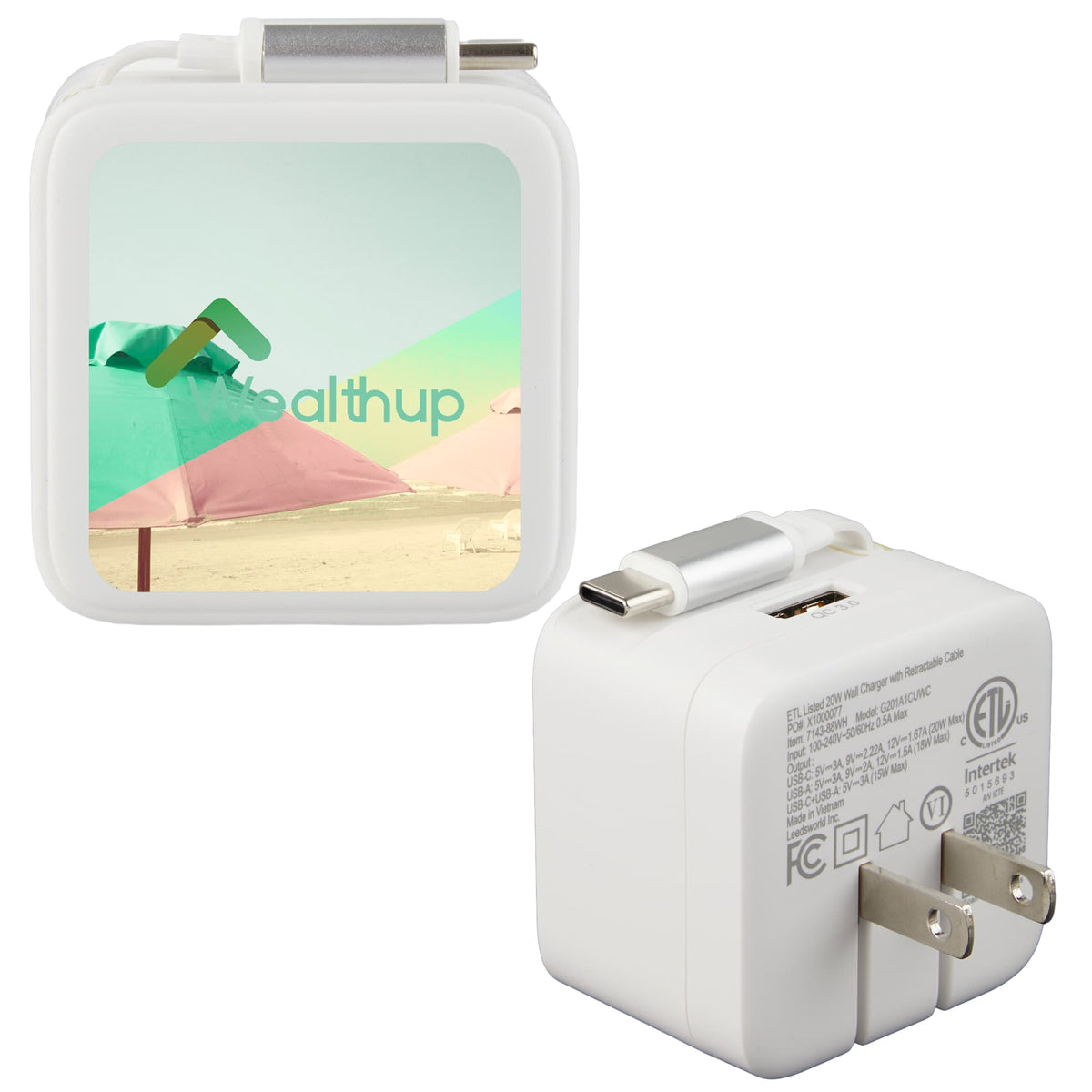Wall Charger with Retractable USB-C Cable, 20W Full Color - White - Default