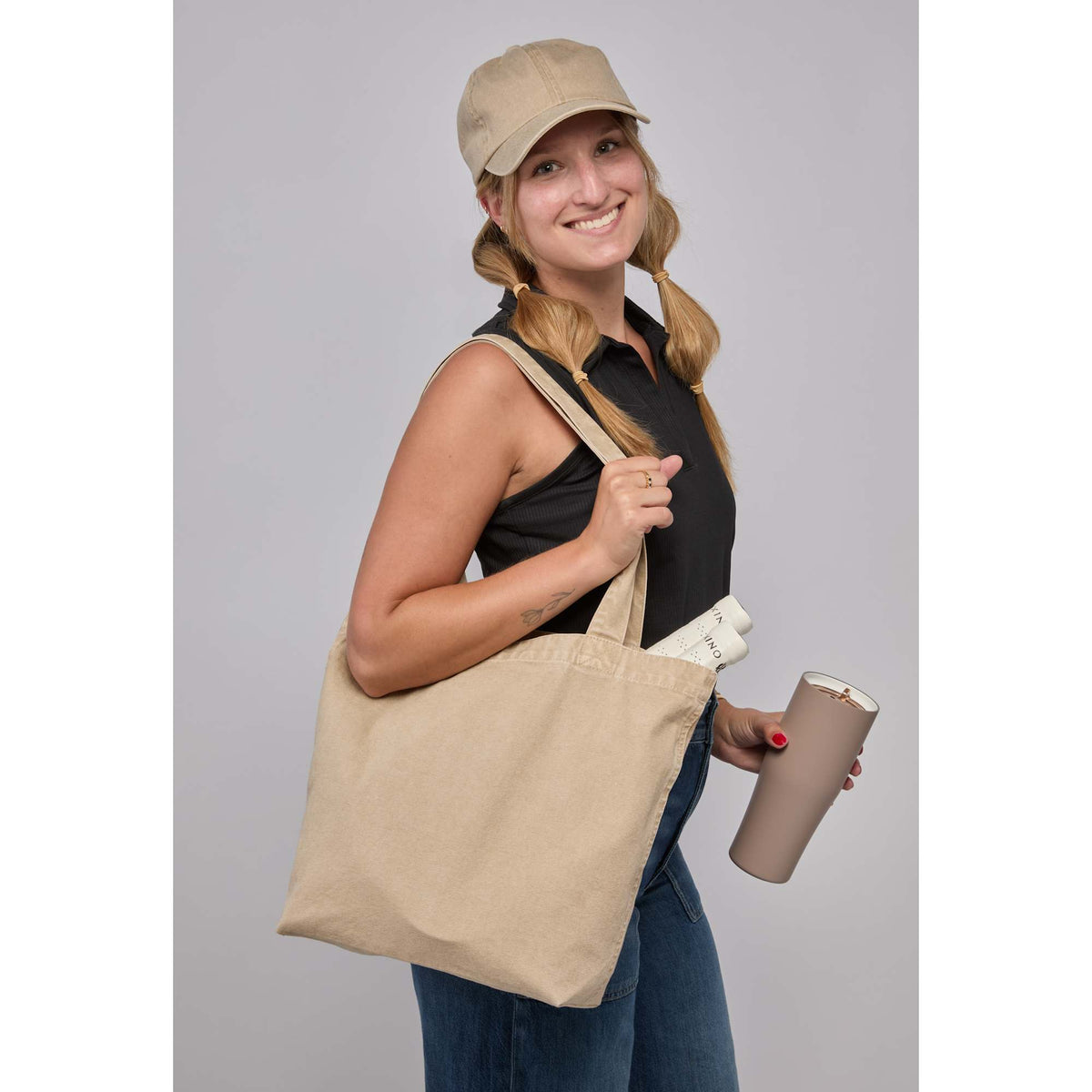 Washed Recycled Cotton Tote with Denim Look, 10 oz Transfer - Natural - On Model
