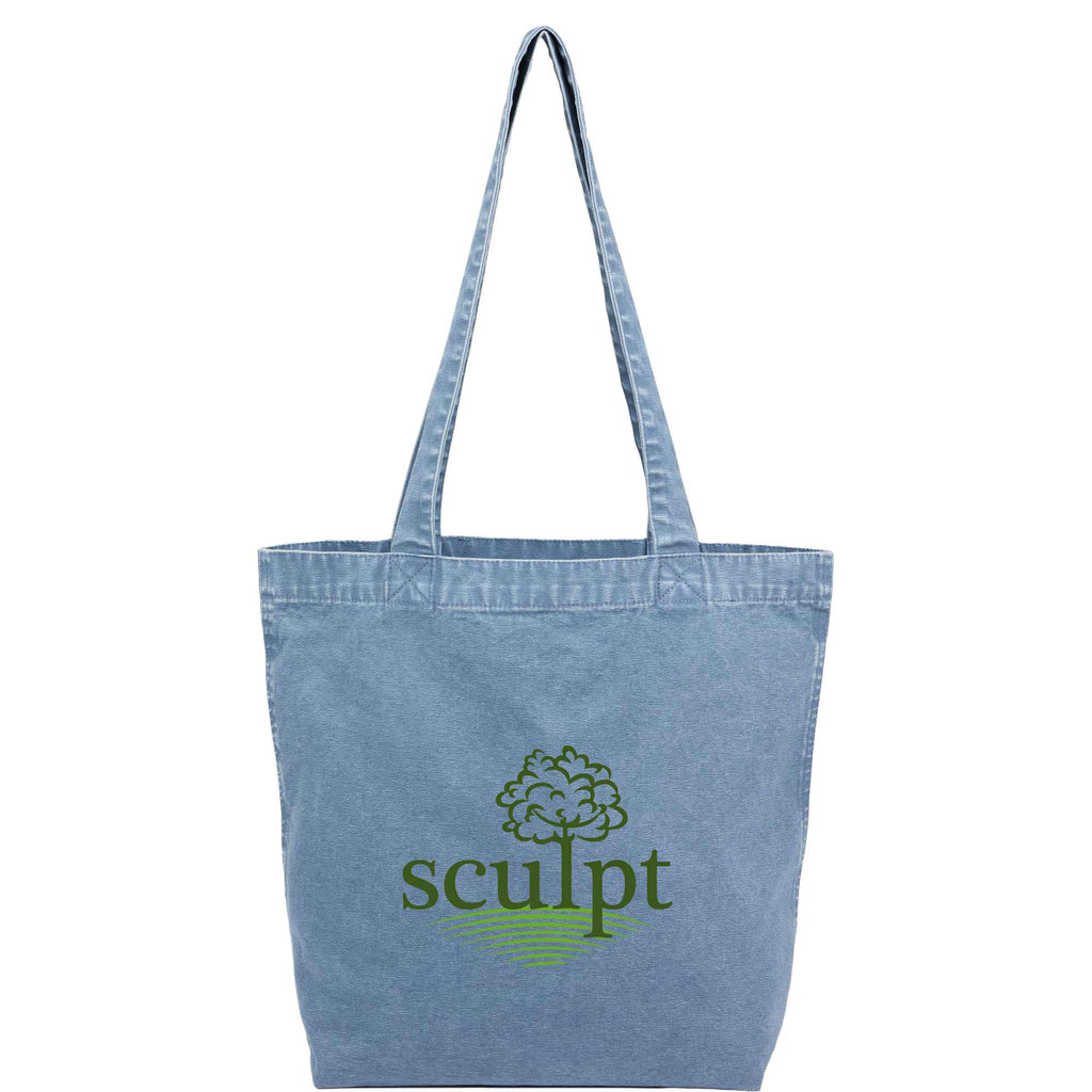 Washed Recycled Cotton Tote with Denim Look, 10 oz Transfer - Navy - Front