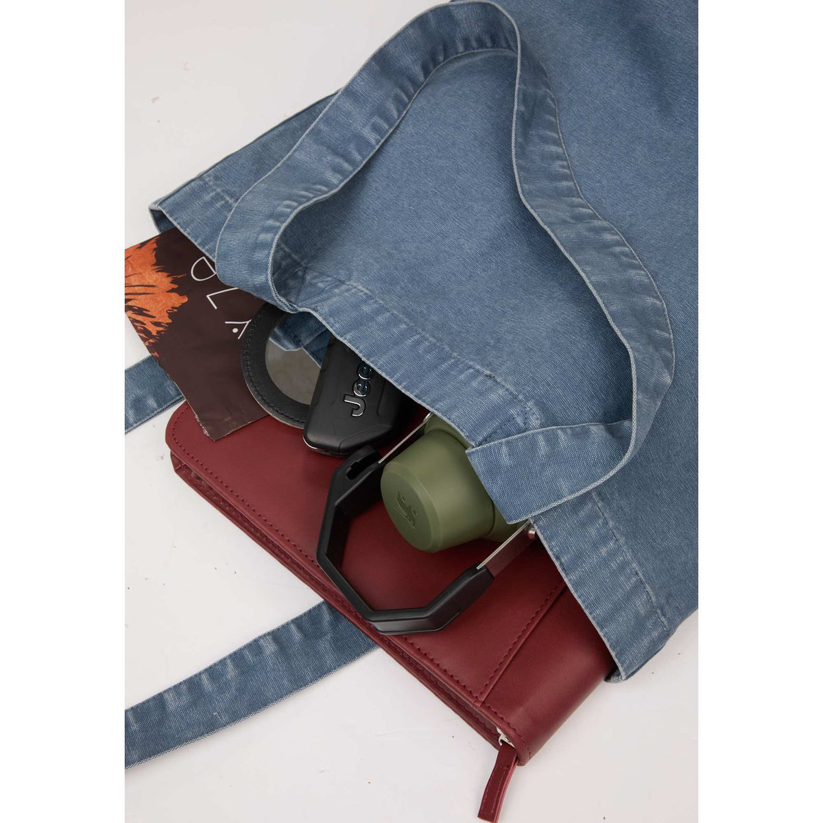 Washed Recycled Cotton Tote with Denim Look, 10 oz Transfer - Navy - Propped