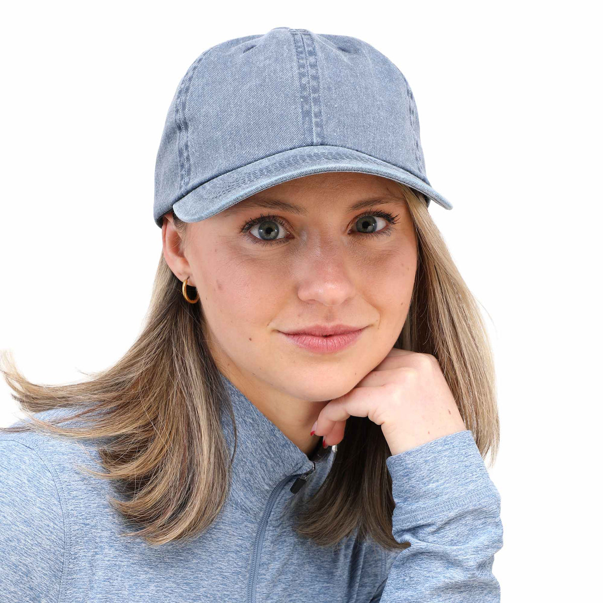 Washed Six Panel Ball Cap in Recycled Cotton Embroidery - Vintage Navy - Front On Model